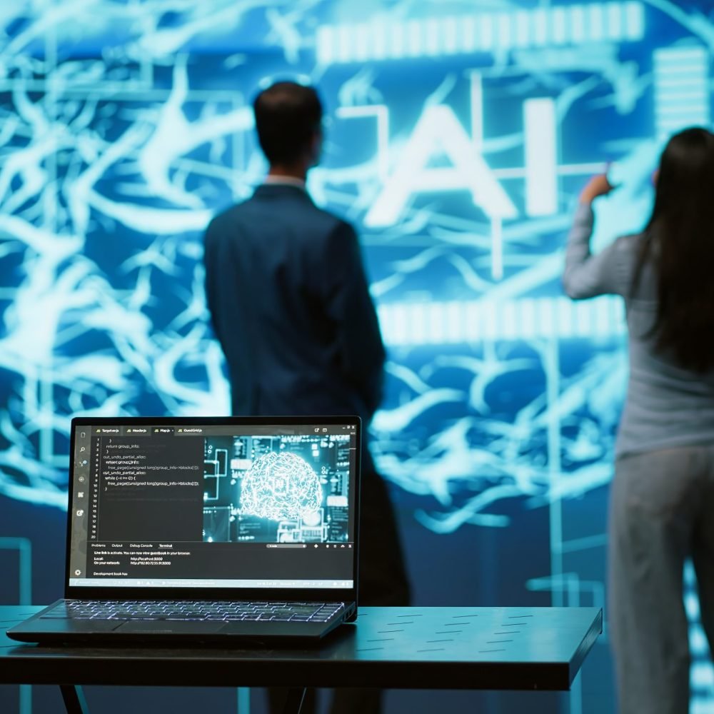 Engineers use AR tech to visualize AI neural networks brain, solving company problems. IT professionals using artificial intelligence augmented reality hologram, camera A